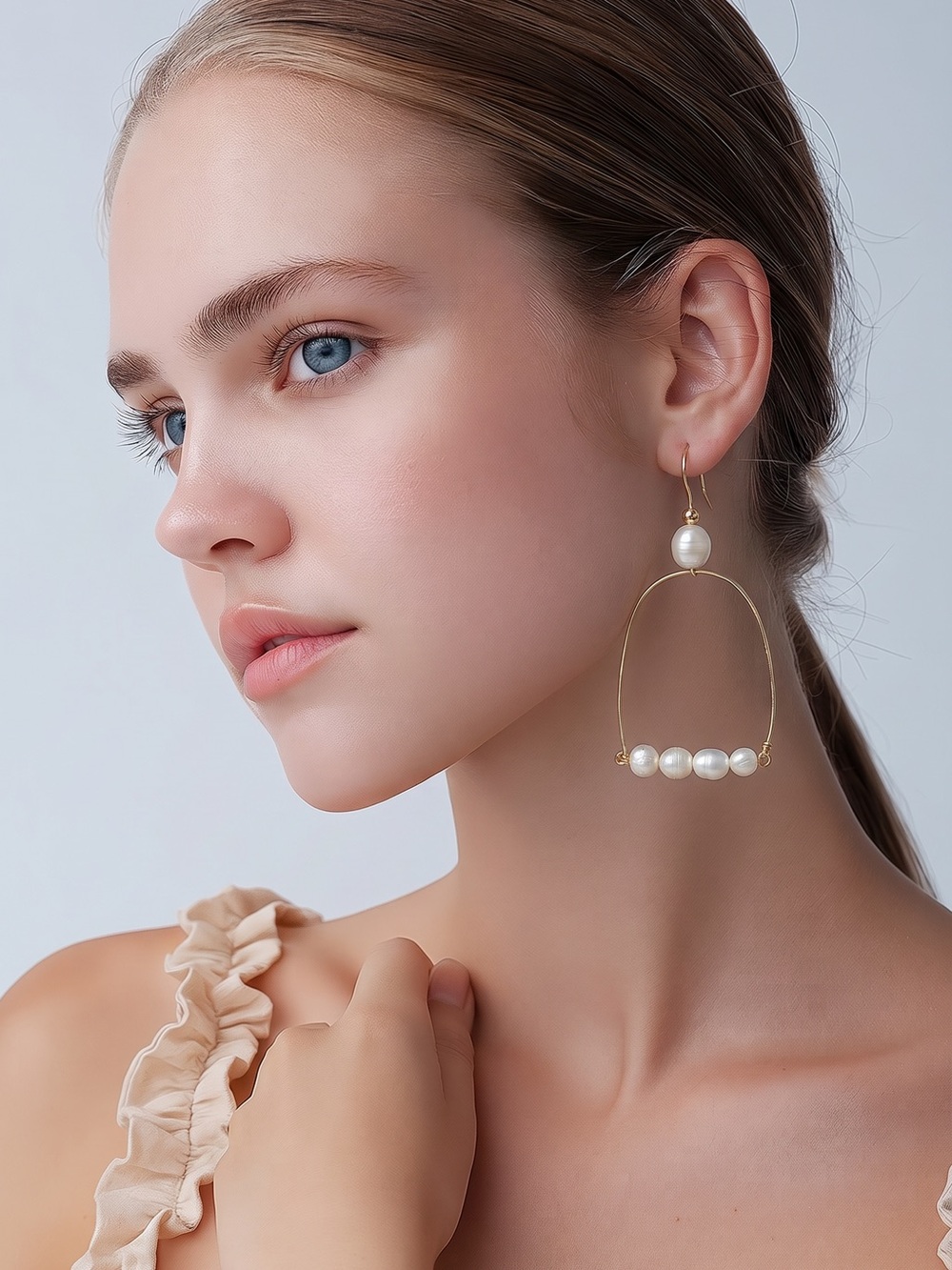 Fresh Water Pearls Drop Gold Hoop Earrings - Women Jewelry